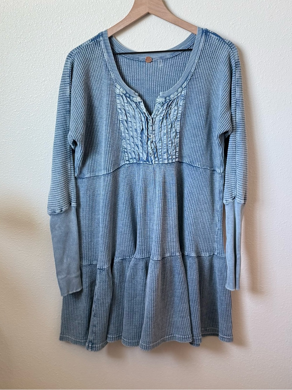 Free People One Light Blue Waffle Knit Tiered Tunic Dress